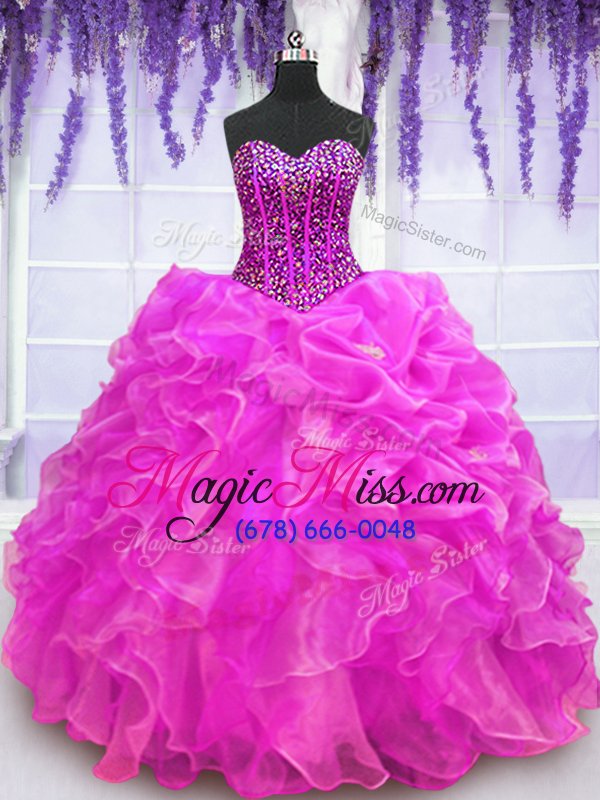 wholesale fuchsia lace up sweetheart beading and ruffles quinceanera gowns organza sleeveless