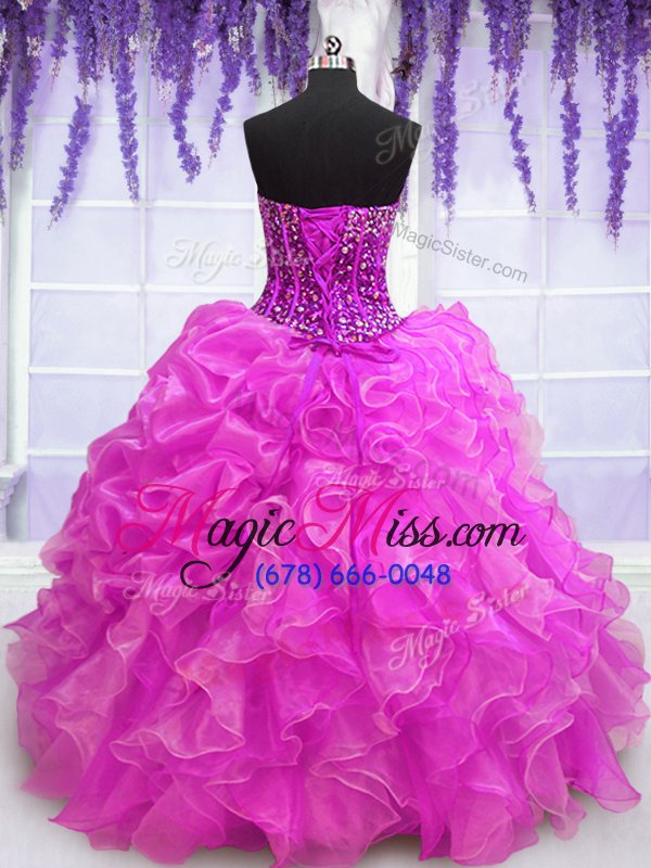 wholesale fuchsia lace up sweetheart beading and ruffles quinceanera gowns organza sleeveless