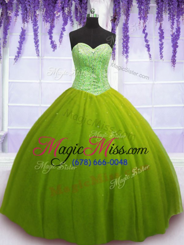 wholesale fitting olive green sweetheart neckline beading quince ball gowns sleeveless lace up