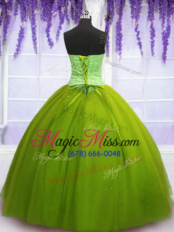 wholesale fitting olive green sweetheart neckline beading quince ball gowns sleeveless lace up