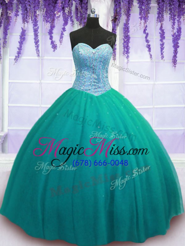 wholesale most popular sleeveless tulle floor length lace up sweet 16 dress in turquoise for with beading