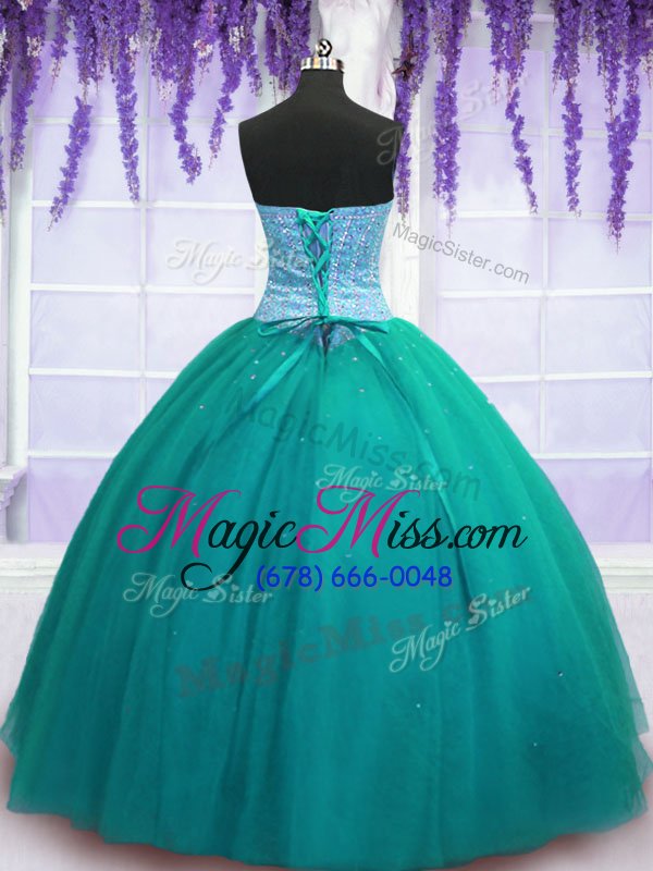 wholesale most popular sleeveless tulle floor length lace up sweet 16 dress in turquoise for with beading