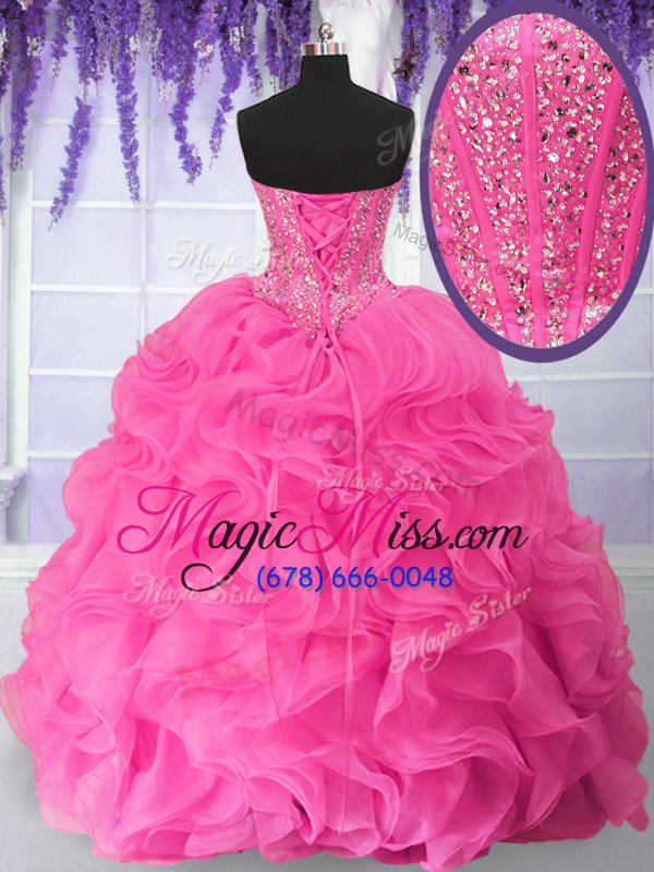 wholesale clearance beading and ruffles quinceanera gowns hot pink lace up sleeveless floor length