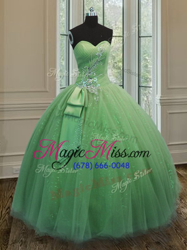 wholesale trendy sweetheart sleeveless quinceanera dresses floor length beading and ruching and bowknot yellow green tulle