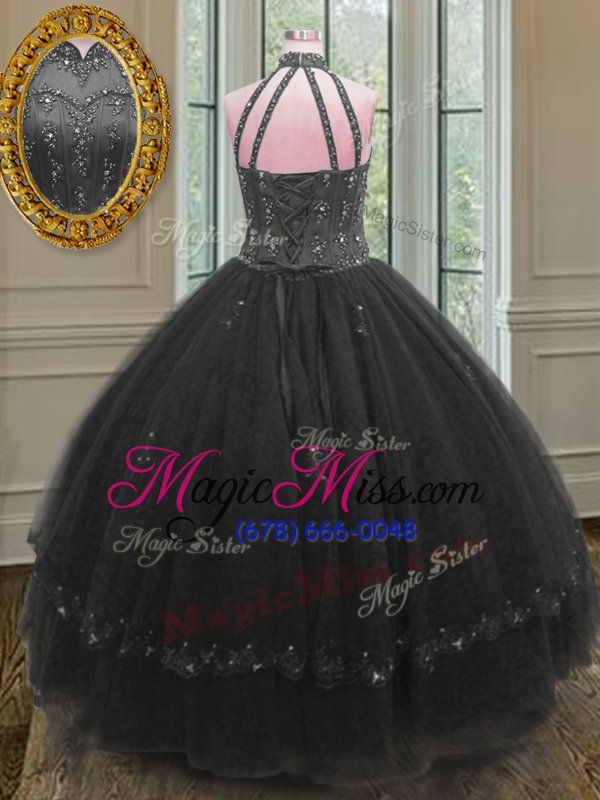 wholesale inexpensive black high-neck lace up beading and appliques vestidos de quinceanera sleeveless