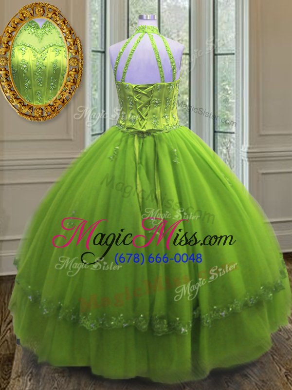 wholesale adorable yellow green high-neck neckline beading and appliques quinceanera gown sleeveless lace up