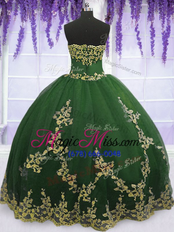 wholesale dark green sleeveless floor length appliques zipper 15th birthday dress