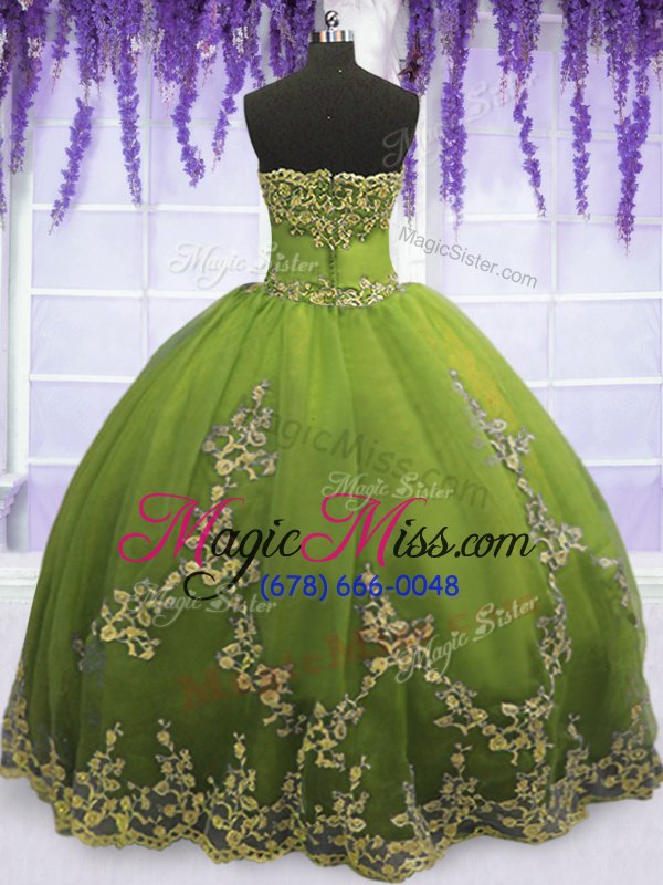 wholesale simple olive green ball gowns appliques quince ball gowns zipper tulle sleeveless floor length