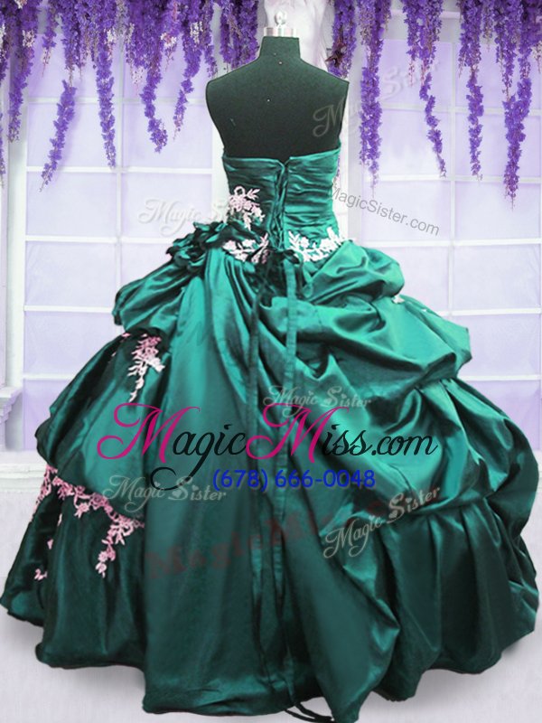 wholesale turquoise lace up strapless appliques and pick ups ball gown prom dress taffeta sleeveless