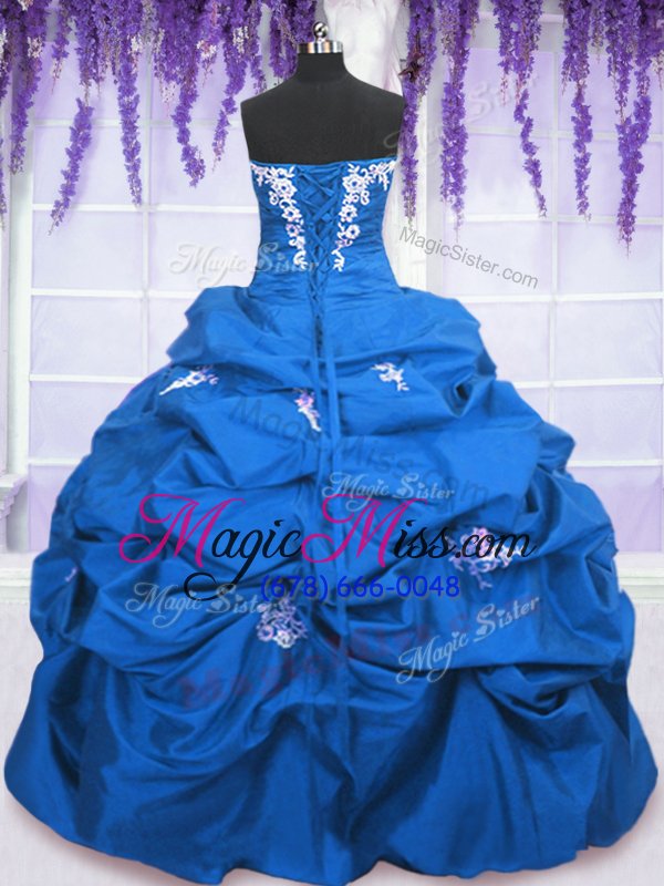 wholesale luxury strapless sleeveless taffeta sweet 16 dress appliques and pick ups lace up