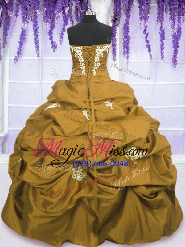 wholesale custom fit pick ups strapless sleeveless lace up sweet 16 quinceanera dress olive green taffeta