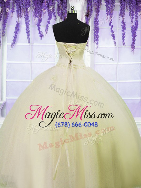 wholesale elegant light yellow sweetheart lace up appliques ball gown prom dress sleeveless