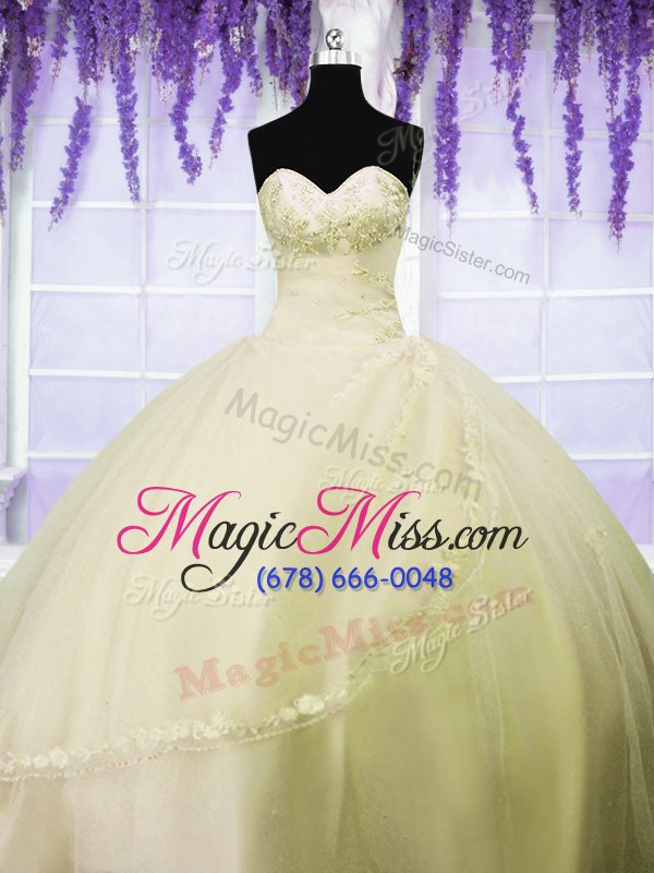 wholesale elegant light yellow sweetheart lace up appliques ball gown prom dress sleeveless