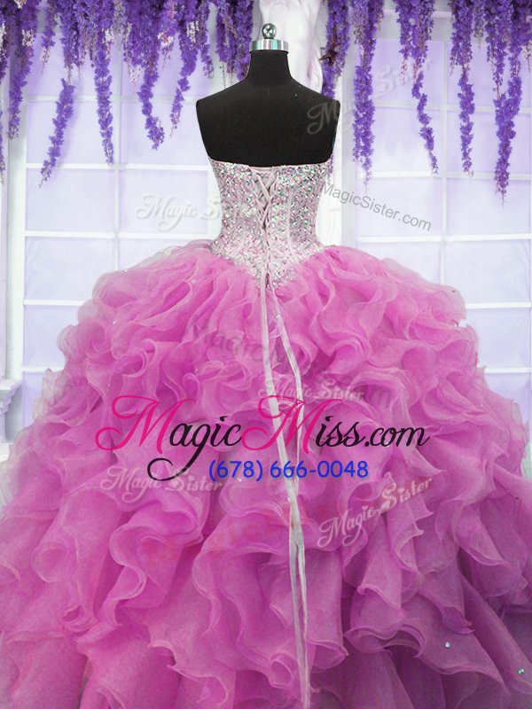 wholesale trendy sequins rose pink sleeveless organza lace up quinceanera dress for military ball and sweet 16 and quinceanera