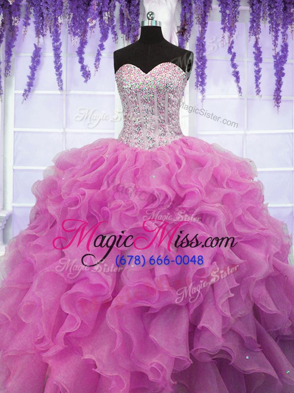 wholesale trendy sequins rose pink sleeveless organza lace up quinceanera dress for military ball and sweet 16 and quinceanera