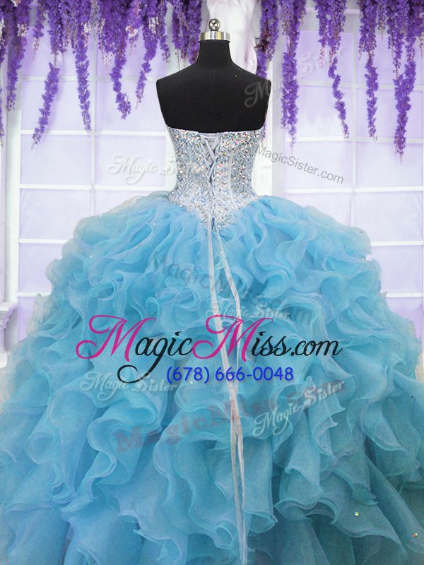 wholesale pretty sweetheart sleeveless quinceanera gowns floor length ruffles and sequins baby blue organza