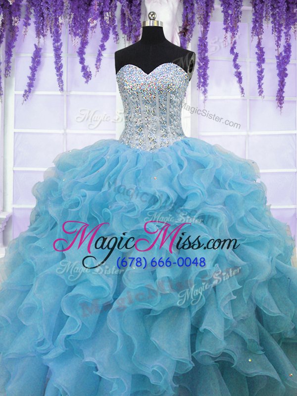 wholesale pretty sweetheart sleeveless quinceanera gowns floor length ruffles and sequins baby blue organza