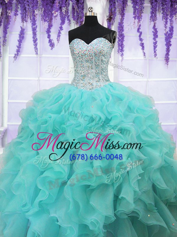 wholesale spectacular floor length lace up quinceanera dress aqua blue and in for military ball and sweet 16 and quinceanera with ruffles and sequins