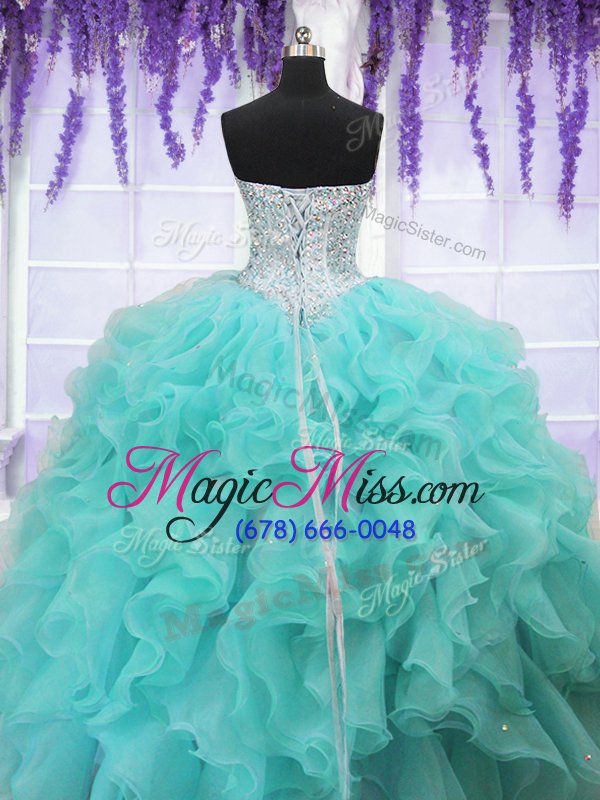 wholesale spectacular floor length lace up quinceanera dress aqua blue and in for military ball and sweet 16 and quinceanera with ruffles and sequins