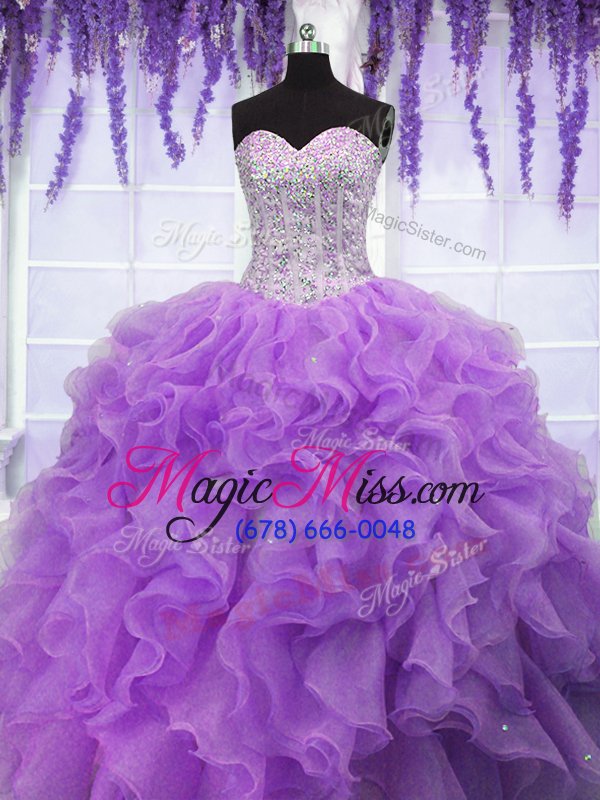 wholesale custom fit lavender sleeveless ruffles and sequins floor length quinceanera dress