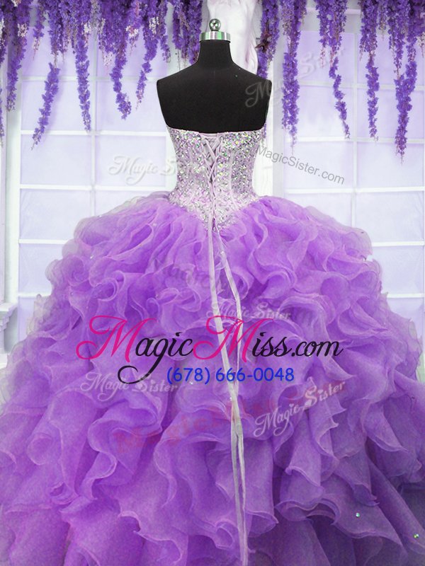 wholesale custom fit lavender sleeveless ruffles and sequins floor length quinceanera dress