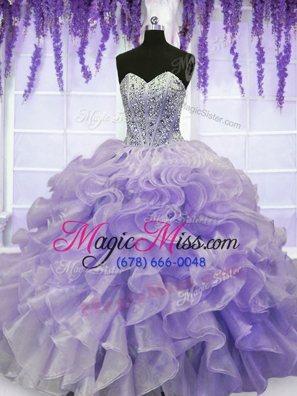 wholesale custom design lavender lace up quince ball gowns beading and ruffles sleeveless floor length