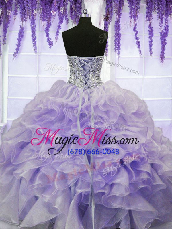 wholesale custom design lavender lace up quince ball gowns beading and ruffles sleeveless floor length