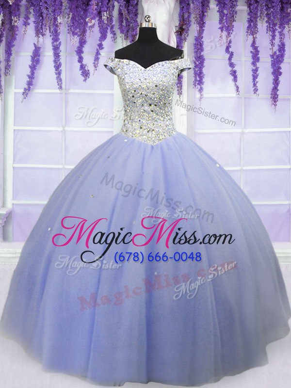 wholesale ideal off the shoulder short sleeves 15 quinceanera dress floor length beading lavender tulle