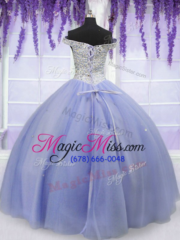 wholesale ideal off the shoulder short sleeves 15 quinceanera dress floor length beading lavender tulle