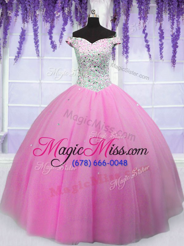 wholesale exquisite off the shoulder hot pink short sleeves beading floor length vestidos de quinceanera