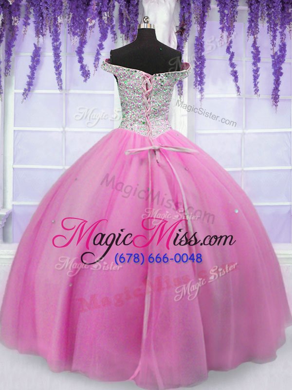 wholesale exquisite off the shoulder hot pink short sleeves beading floor length vestidos de quinceanera