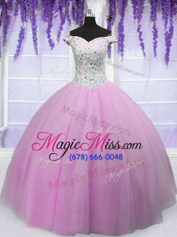 wholesale fabulous lilac tulle lace up off the shoulder short sleeves floor length vestidos de quinceanera beading