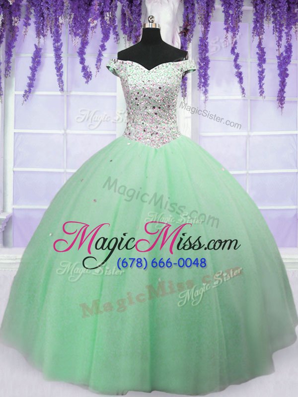 wholesale hot selling off the shoulder sleeveless tulle floor length lace up quinceanera gowns in apple green for with beading