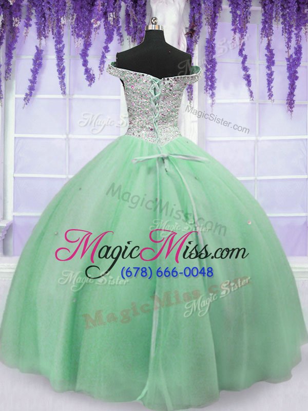 wholesale hot selling off the shoulder sleeveless tulle floor length lace up quinceanera gowns in apple green for with beading