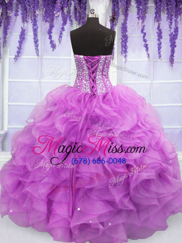 wholesale glittering floor length lilac quinceanera gown organza sleeveless beading and ruffles