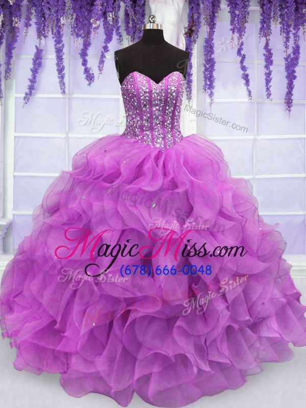 wholesale glittering floor length lilac quinceanera gown organza sleeveless beading and ruffles