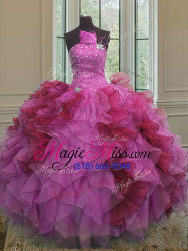 wholesale custom made sleeveless floor length ruffles and sequins lace up sweet 16 quinceanera dress with multi-color