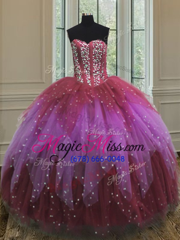 wholesale modest multi-color ball gowns sweetheart sleeveless tulle floor length lace up beading and ruffles and sequins vestidos de quinceanera