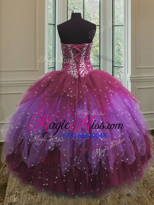 wholesale modest multi-color ball gowns sweetheart sleeveless tulle floor length lace up beading and ruffles and sequins vestidos de quinceanera