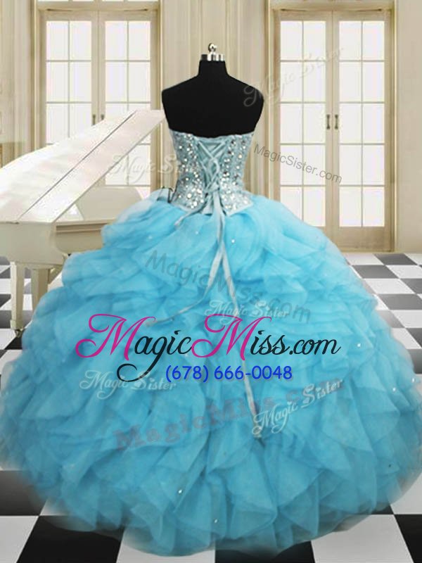 wholesale artistic sleeveless organza floor length lace up quince ball gowns in baby blue for with beading and ruffles