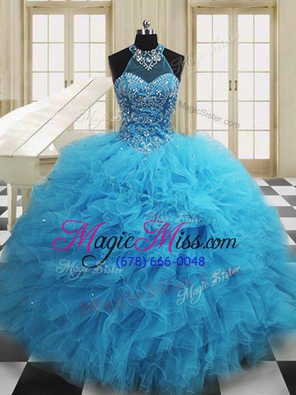 wholesale glittering scoop baby blue sleeveless floor length beading and ruffles lace up ball gown prom dress