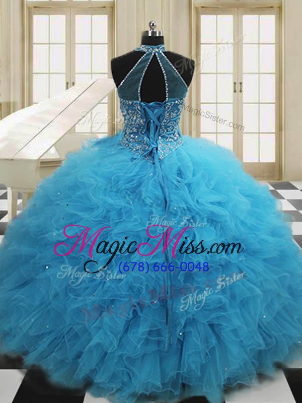 wholesale glittering scoop baby blue sleeveless floor length beading and ruffles lace up ball gown prom dress