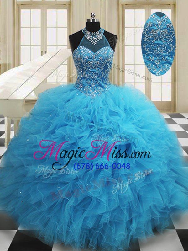 wholesale glittering scoop baby blue sleeveless floor length beading and ruffles lace up ball gown prom dress