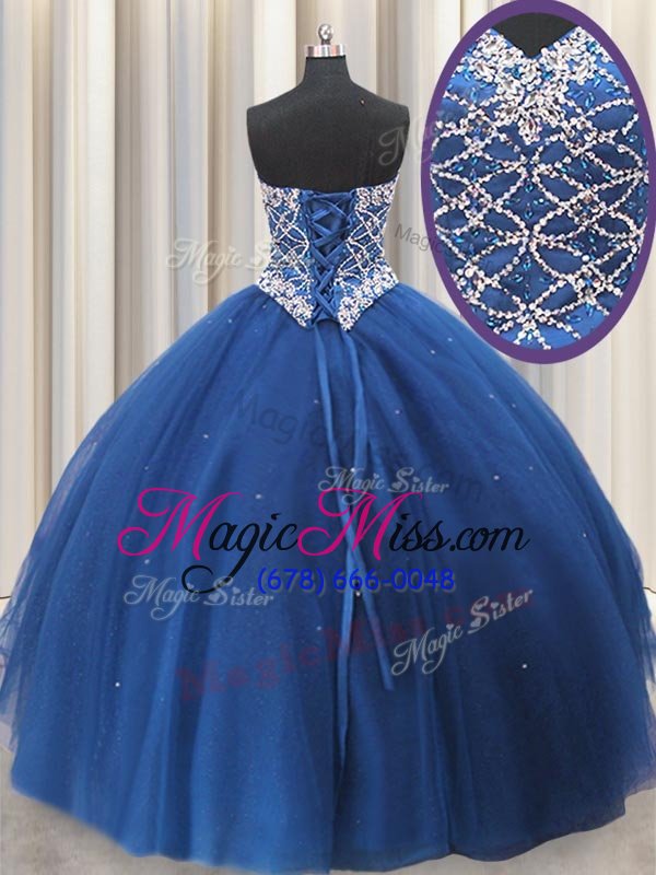 wholesale fashionable navy blue sleeveless floor length beading and sequins lace up 15 quinceanera dress