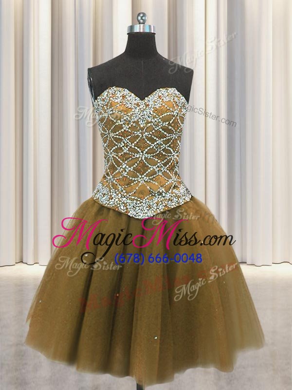 wholesale noble three piece floor length lace up ball gown prom dress brown and in for military ball and sweet 16 and quinceanera with beading and sequins