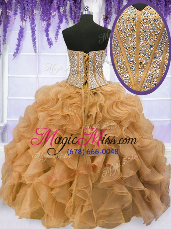 wholesale custom designed gold sleeveless floor length beading and ruffles lace up quince ball gowns