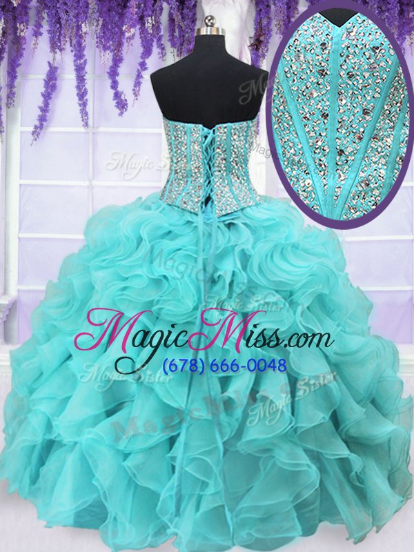 wholesale luxury aqua blue sweetheart lace up beading and ruffles quinceanera dress sleeveless