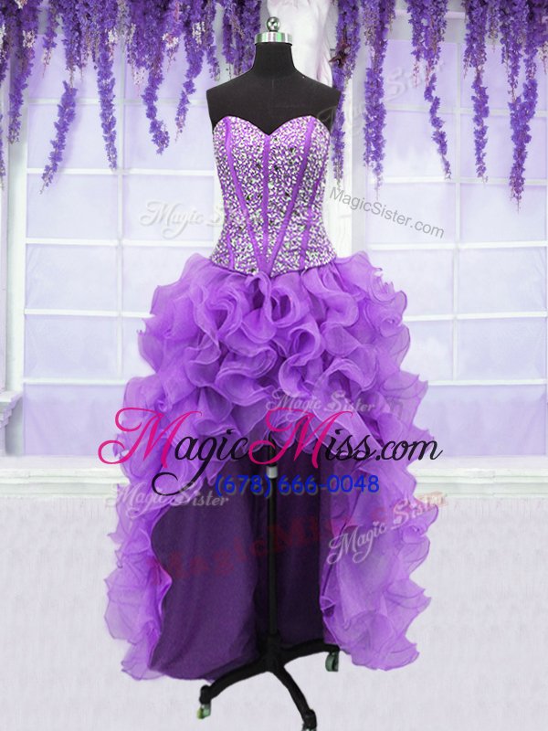 wholesale classical four piece organza sweetheart sleeveless lace up ruffles and sequins sweet 16 dresses in eggplant purple