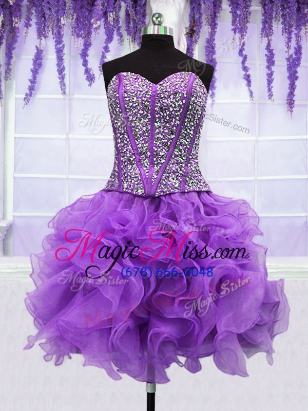 wholesale classical four piece organza sweetheart sleeveless lace up ruffles and sequins sweet 16 dresses in eggplant purple