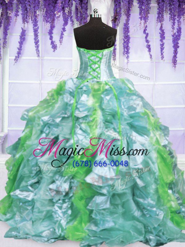 wholesale on sale strapless sleeveless organza 15th birthday dress embroidery and ruffles lace up